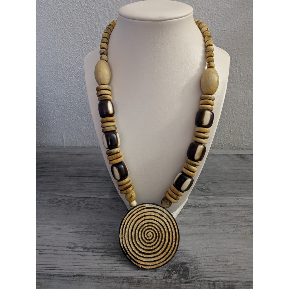 Tribal Boho Spiral Pendant Necklace Bone and Wood Beaded Statement Jewelry